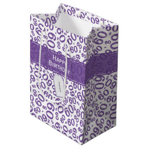 Sacola Para Presentes Média Feliz 60º aniversário Padrão Roxo/Branco