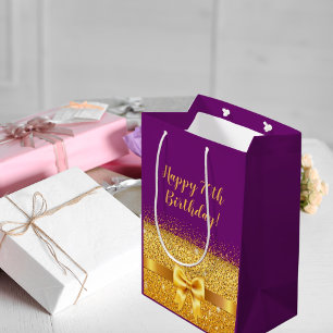Sacola Para Presentes Média Feliz 70 de aniversário com arco de ouro em viole