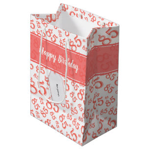 Sacola Para Presentes Média Feliz 85º aniversário Número Padrão Coral/Branco