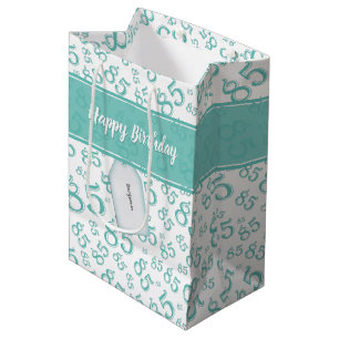 Sacola Para Presentes Média Feliz 85º aniversário Número Padrão Teal/Branco