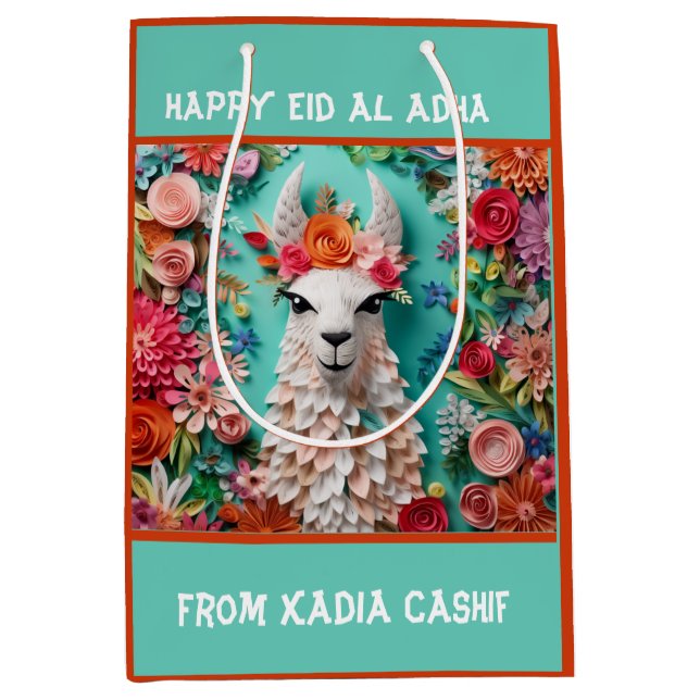 Sacola Para Presentes Média Feliz Adha Eid-Bakra Eid Ovelhas Saco Médio (Frente)