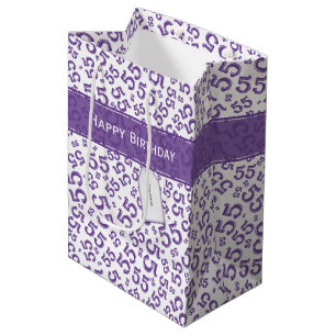 Sacola Para Presentes Média Feliz Aniversário 55 Anos Padrão Roxo/Branco