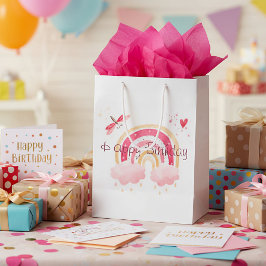 Sacola Para Presentes Média Feliz Aniversário arco-íris rosa