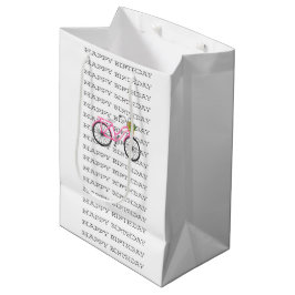 Sacola Para Presentes Média FELIZ ANIVERSÁRIO, Bicicleta Rosa Pink, Diversão d