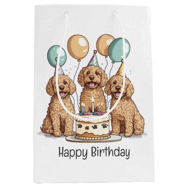 Sacola Para Presentes Média Feliz Aniversário Cachorros de Goldendoodle (Frente)
