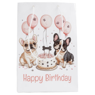 Sacola Para Presentes Média Feliz Aniversário Cachorros Franceses Brancos Aniv