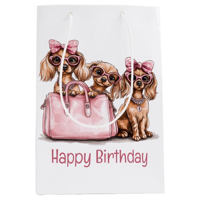 Sacola Para Presentes Média Feliz Aniversário - Cães de Dachshund Fashionable (Frente)