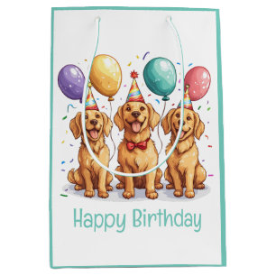 Sacola Para Presentes Média Feliz Aniversário Cães Retriever Dourado
