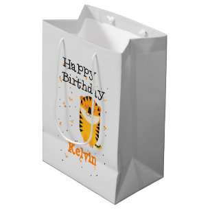 Sacola Para Presentes Média Feliz aniversário, cinza personalizada de tigre fo