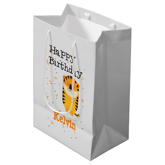 Sacola Para Presentes Média Feliz aniversário, cinza personalizada de tigre fo (Frente inclinada)