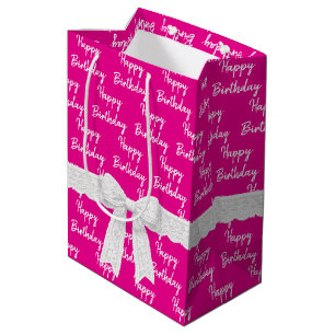 Sacola Para Presentes Média Feliz Aniversário Com Laço Branco