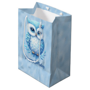 Sacola Para Presentes Média Feliz Aniversário Coruja Azul em Azul