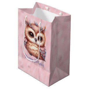 Sacola Para Presentes Média Feliz Aniversário, Coruja Marrom Rosa-Rosa-Brilhan