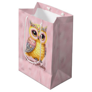 Sacola Para Presentes Média Feliz Aniversário Coruja Multicolorida a Rosa