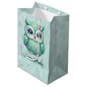 Sacola Para Presentes Média Feliz Aniversário Coruja Verde em Verde
