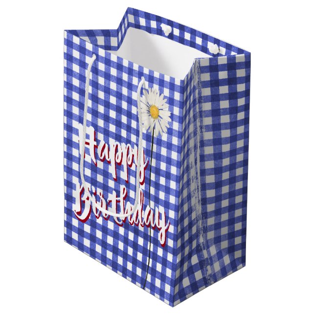 Sacola Para Presentes Média Feliz aniversário Daisy em Blue Gingham (Frente inclinada)
