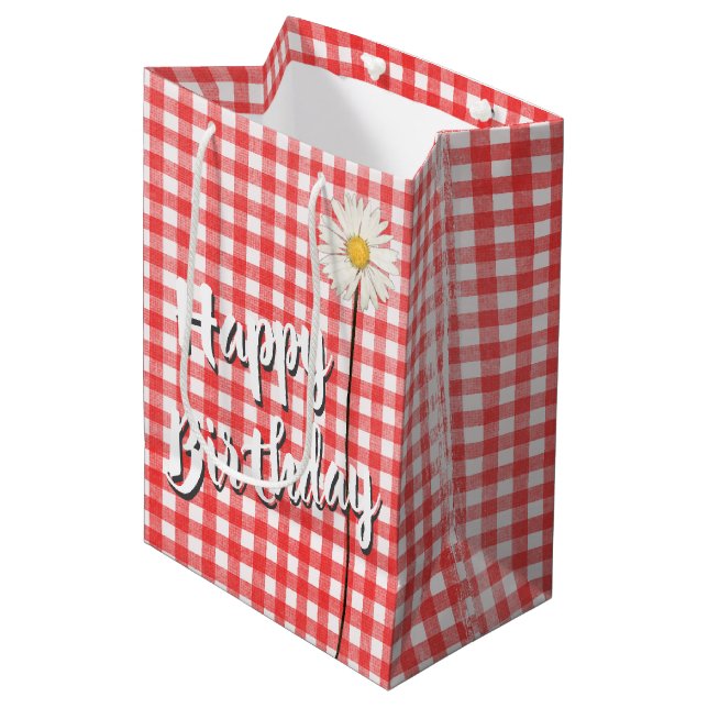 Sacola Para Presentes Média Feliz aniversário Daisy em Red Gingham (Frente inclinada)