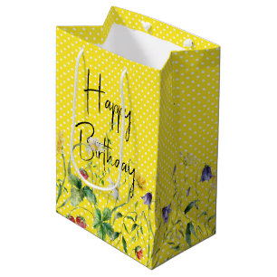 Sacola Para Presentes Média Feliz Aniversário De Flores Selvagens Nas Bolinhas