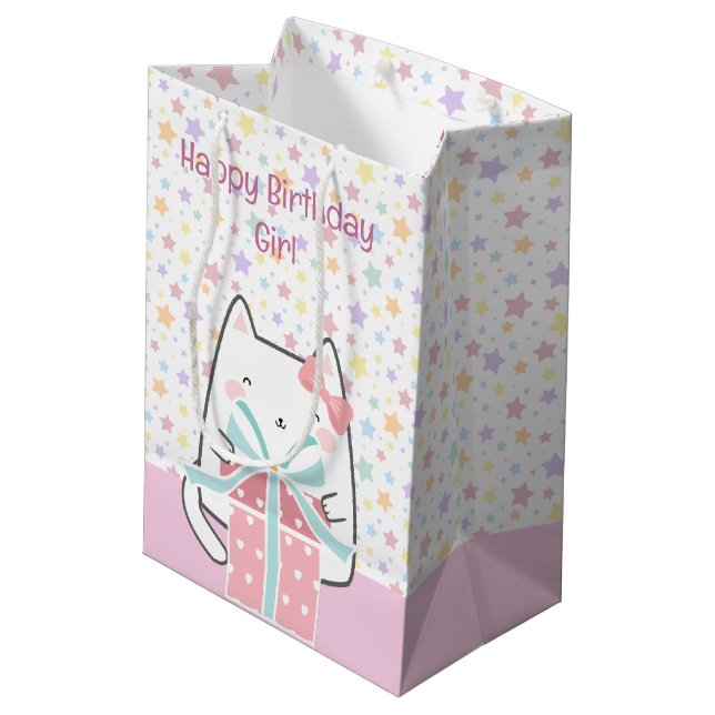 Sacola Para Presentes Média Feliz Aniversário de Kawaii Gato com Caixa de Pres (Verso inclinado)