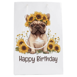 Sacola Para Presentes Média Feliz Aniversário do Cachorro Francês Girassóis