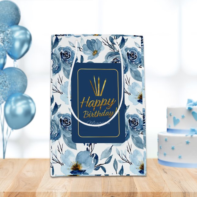 Sacola Para Presentes Média Feliz Aniversário do Elegante Azul Floral Branco (Criador carregado)