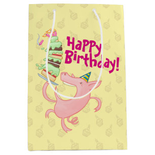 Sacola Para Presentes Média Feliz Aniversário do Porco Engraçado! Cartoon de B