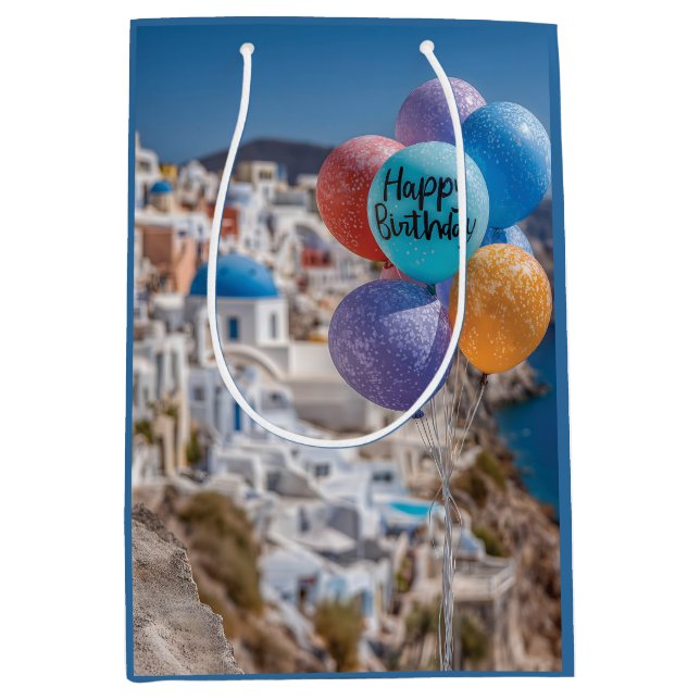 Sacola Para Presentes Média Feliz aniversário dos Balões em Santorini, Grécia (Frente)