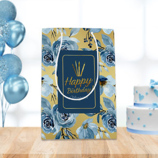 Sacola Para Presentes Média Feliz Aniversário Dourado do Floral Azul Elegante