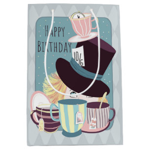 Sacola Para Presentes Média Feliz aniversário Festa de Tea Mad Hatter