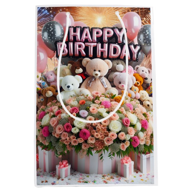 Sacola Para Presentes Média Feliz Aniversário, filhotes de urso, de Natasha Us (Frente)