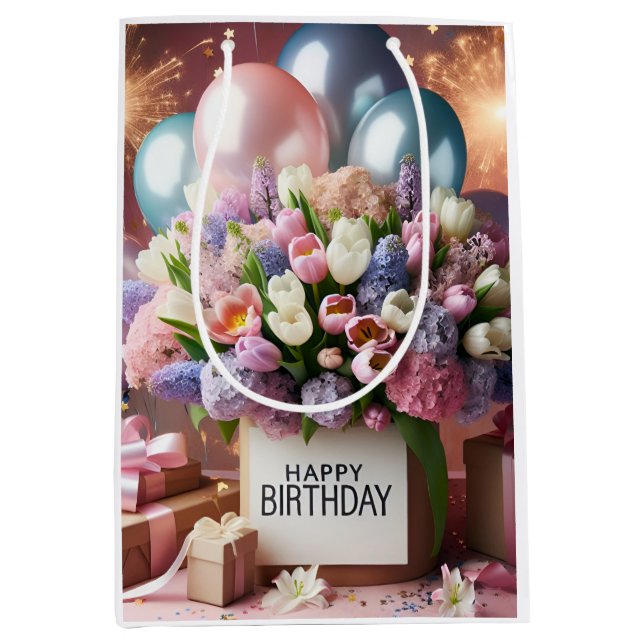 Sacola Para Presentes Média Feliz aniversário, flores e presentes, de Natasha  (Frente)