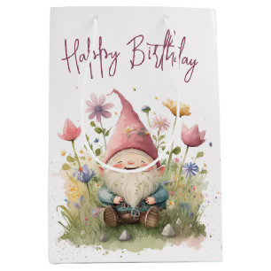 Sacola Para Presentes Média Feliz Aniversário Gnome Em Flores