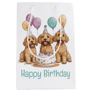 Sacola Para Presentes Média Feliz aniversário Goldendoodle Cães Bolo de Aniver