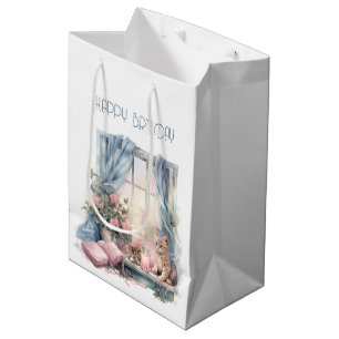 Sacola Para Presentes Média Feliz Aniversário Inverno Azul Rosa Vitoriano
