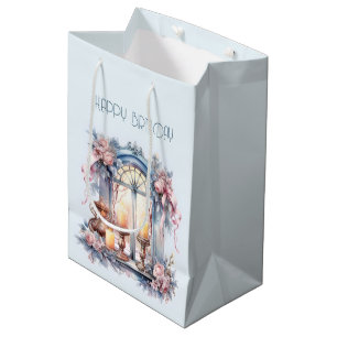 Sacola Para Presentes Média Feliz Aniversário Inverno Azul Rosa Vitoriano