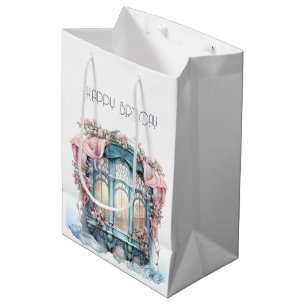 Sacola Para Presentes Média Feliz Aniversário Inverno Azul Rosa Vitoriano