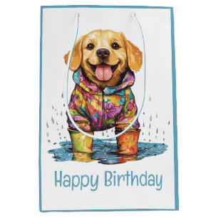 Sacola Para Presentes Média Feliz Aniversário Labrador Retriever Poça de Chuva