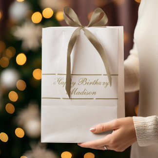 Sacola Para Presentes Média Feliz Aniversário Nome em Rascunho Dourado Branco