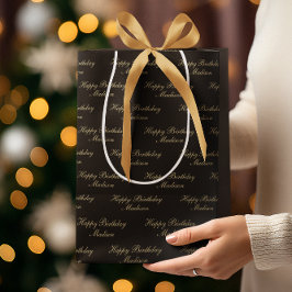 Sacola Para Presentes Média Feliz Aniversário Nome em Roteiro Preto Dourado