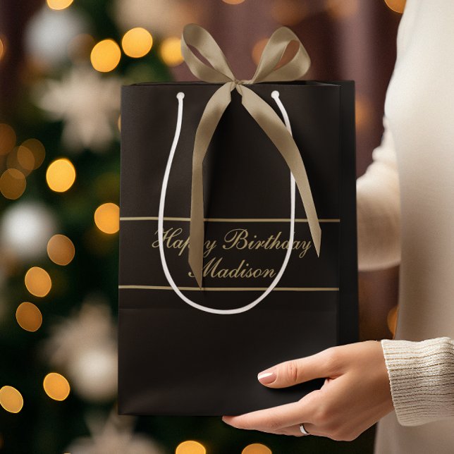 Sacola Para Presentes Média Feliz Aniversário Nome em Roteiro Preto Dourado (Criador carregado)