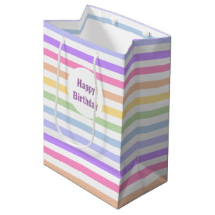 Sacola Para Presentes Média Feliz Aniversário Pastel Rainbow White Stripes