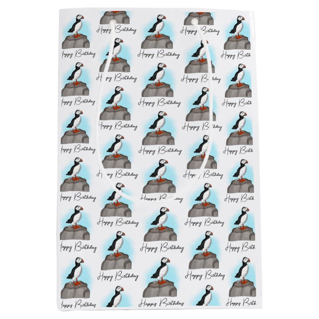 Sacola Para Presentes Média Feliz Aniversário Personalizado Puffin (Frente)