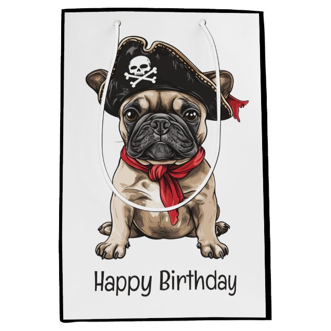 Sacola Para Presentes Média Feliz Aniversário Pirata Buldogue Francês (Frente)