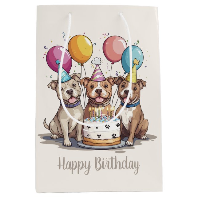 Sacola Para Presentes Média Feliz Aniversário Pit Bull Cães (Frente)