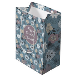 Sacola Para Presentes Média Feliz Aniversário Rosa Azul Padrão Floral Na moda