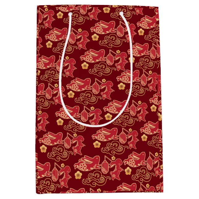 Sacola Para Presentes Média Feliz ano do luxo Ouro vermelho chinês de coelho (Frente)