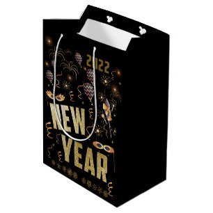 Sacola Para Presentes Média feliz ano novo 2022, Glitter Dourado festivo
