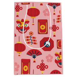 Sacola Para Presentes Média Feliz Ano Novo Chinês Símbolos Rosa