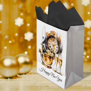 Sacola Para Presentes Média Feliz ano novo preto e Dourado