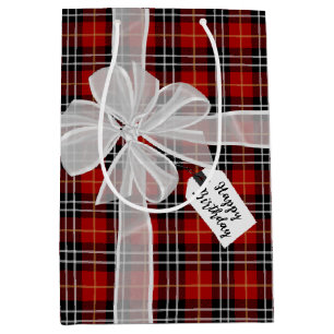 Sacola Para Presentes Média Feliz Arco De Aniversário Na Xadrez De Tartan
